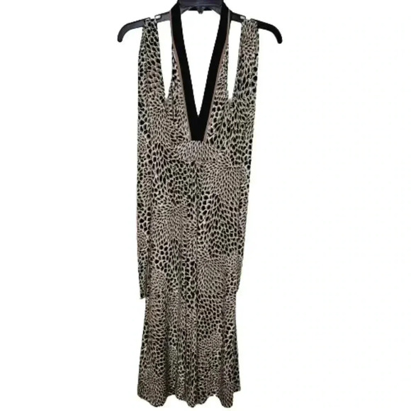 BCBGMAXAZRIA Womens Black Tan Cream Flowy Halter Dress Floral Print Wrap Waist M - Picture 3 of 9